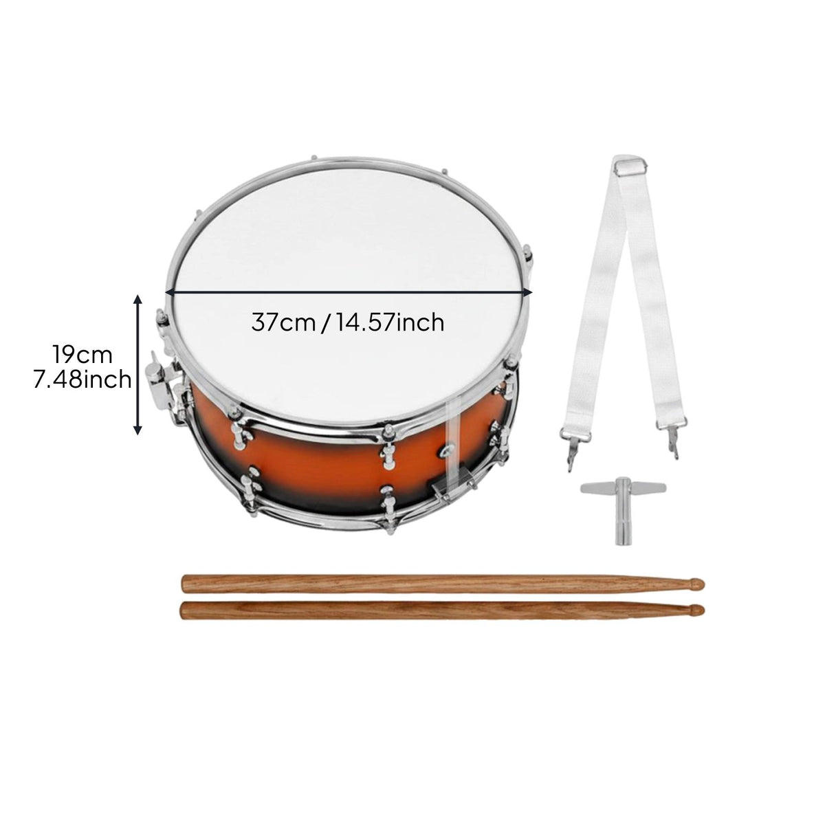 Marching Snare Drum Stainless Steel Rims 14 Inch Snare Drum Includes Strap and Drumsticks Percussion Instrument for Beginners, Performance, Practice