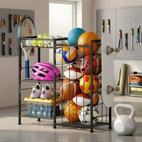 Wire Frame Sports Ball Rack Black Metal Tiered Ball Rack Elastic Straps Foldable for Indoor Use