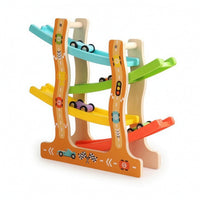 Multi-Level Wooden Car Ramp with 6 Cars Compact Wooden Car Ramp Race Track Toy Indoor Toddler Race Track for Preschoolers