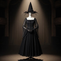 Halloween Witch Costume with Hat Black Witch Costume Corset-Style Gothic Dress transparentSleeved for Women, Cosplay