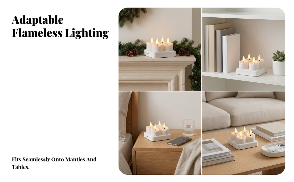 4 Pieces LED Tea Lights with Remote | Realistic Molded beeswax Body, Rechargeable LED Candles with Charging Base Flameless Yellow Glow, for Cozy Indoor Ambiance