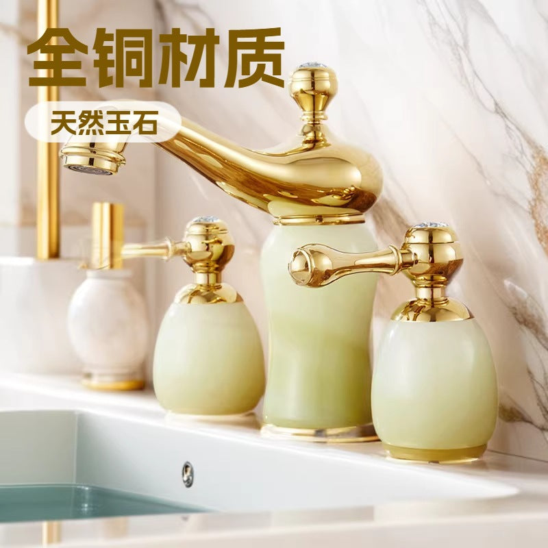 European-Style Three-Hole Basin Faucet with Natural Jade, Brass, Antique Finish
