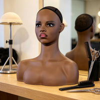 Mannequin Head with Shoulders Dark Brown Hairpiece Display Head Matte Mannequin Bust for Salons