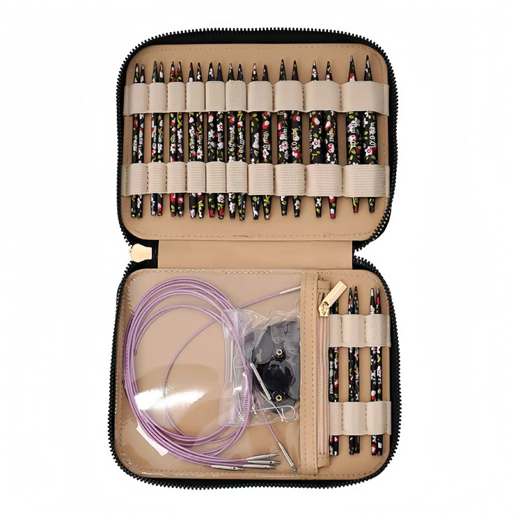 Printed Circular Knitting Needle Set, 13 Pairs, Brown PU Bag, Detachable