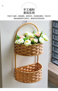 闲储收纳神器悬挂式多层置物架免打孔仿藤编壁挂厨房客厅浴室阳台 方形B款 三层 送粘钩
