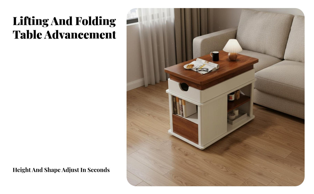 Space-Saving Convertible Lift-Top Rolling Trolley Multi-Functional Storage Cabinet Mobile with Locking Wheels Accent Table Adjustable Height for Apartment Dwellers, Distant Workers, Homeowners, Small Areas, Living Room, Bedroom