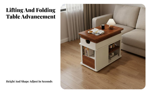 Space-Saving Convertible Lift-Top Rolling Trolley Multi-Functional Storage Cabinet Mobile with Locking Wheels Accent Table Adjustable Height for Apartment Dwellers, Distant Workers, Homeowners, Small Areas, Living Room, Bedroom