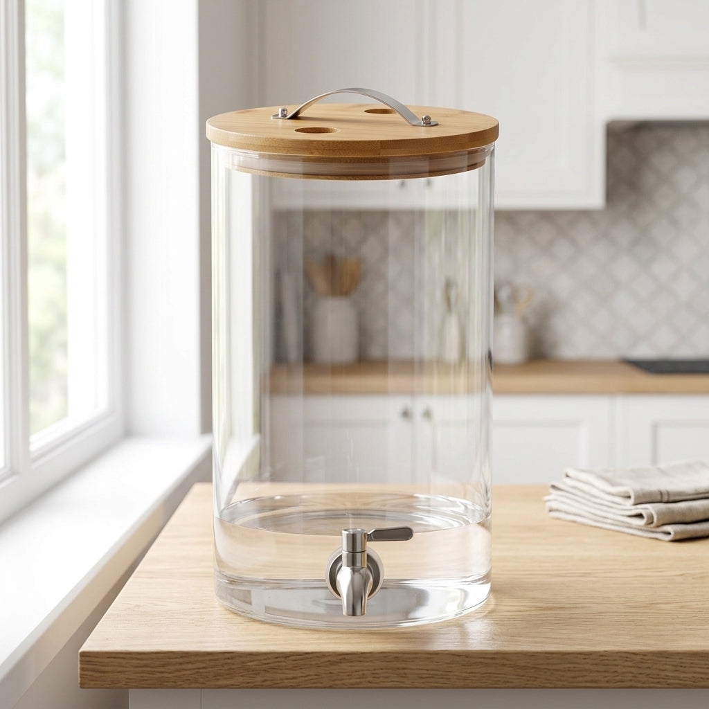 Water Dispenser with Bamboo Base, Cylindrical Juice Dispenser and Drink Dispenser, Modern Glass Pitcher for Iced Tea and Home Beverage Serving