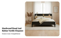 Rattan Panel Bed Frame Wabi-Sabi Aesthetic Woven Cane Bedstead Vintage Design Bedroom Furniture for Homeowners, Apartment Dwellers, Guest Room, Home