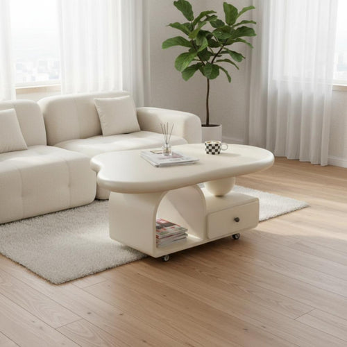 Rolling Accent Table with Drawer Modern Design Coffee Table with Storage Rounded Edges Space-Saving for Homeowners, Small Areas