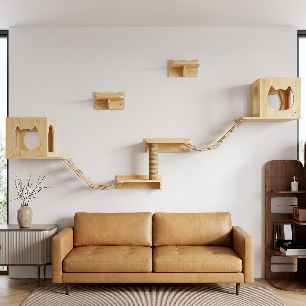 Solid Wood Feline Perch, Wall-Mounted Indoor Cat Perch with Bed, Space-Saving Living Room Furniture for Cats to Scratch, Simple Activity Area