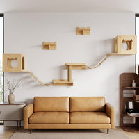 Solid Wood Feline Perch Wall-Mounted Condo with Bed, Indoor Activity Perch for Felines, Space Saving Living Room Furniture and Scratching Surface