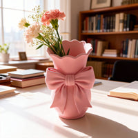 Flower Vase with Bow Matte Textured Vase with Bow Pink for Tabletop