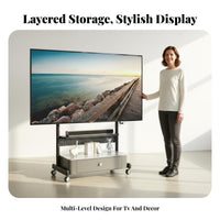 Mobile TV Stand Cart Cabinet Drawer Rolling Television Shelf Adjustable Height Storage Hand Crank Locking Brakes Suitable for Renters Small Areas Conference Room Exposition Show