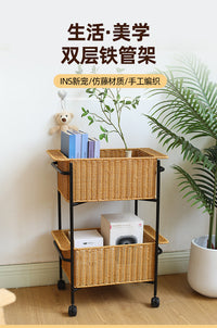藤编双层置物架零食收纳架推车落地客厅沙发边几移动推拉收纳筐