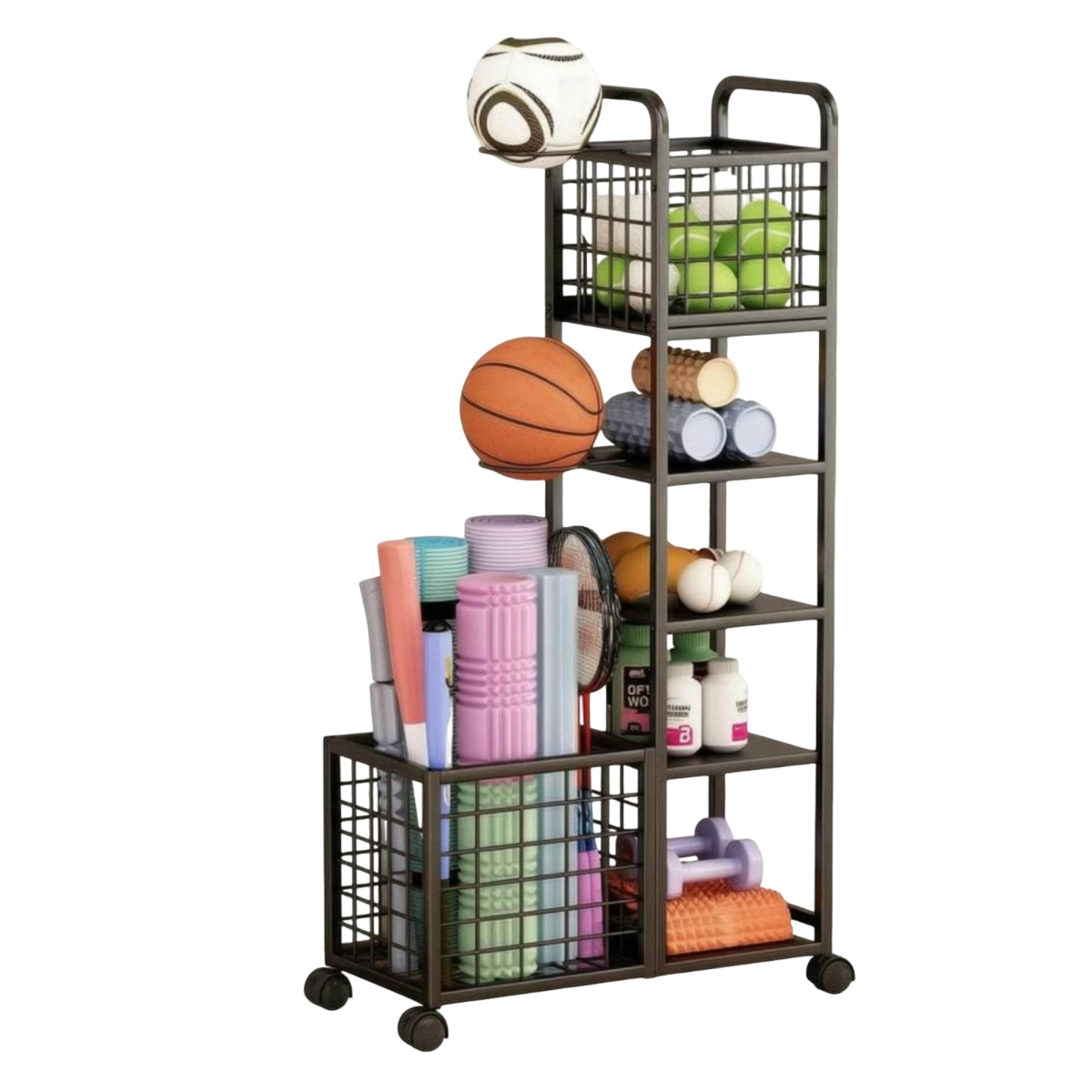 Wheeled Workout Equipment Storage Rack Carbon Steel Rolling Gym Organizer Casters Exercise Equipment Rack Metal