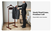 Solid Wood Construction Wooden Valet Stand Elegant Design Suit Valet Stand Stable Structure Unrestricted Standing Suit Rack Multi-Functional Storage for Business Professionals, Adults, Hotel Suite, Dressing Room, Office, Walk-in Closet