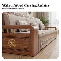 Walnut Wood Carved Sofa Set Double Use Winter Summer Chinese Design Wooden Sofa Mortise and Tenon Joinery Sectional Couch with Storage for Families