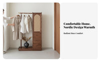 Rattan Woven Doors Garment Rack with Drawers Floor-Standing openstanding Closet with Drawers Multi-Functional Design Clothing Organizer Minimalist aesthetic for Homeowners, Apartment Dwellers, Renters, Guest Room, Entryway