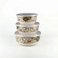 3 Pieces Glossy Enamel Food Storage Containers Space-Saving Enamel Bowls with Lids Reusable Nesting Bowl Set Multi-Purpose for Leftovers, Meal Prep, Kitchen