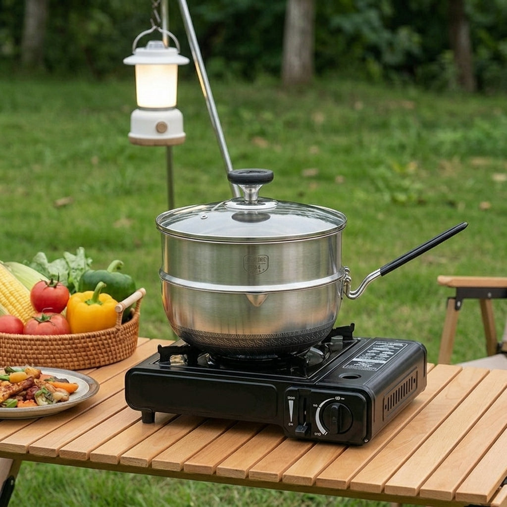 Stainless Steel Camping Cooker Set, Foldable Handle, Compact Storage, Ribbed Processing, Non-Stick Processing