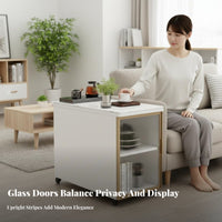 curved-Front Nightstand Fluted Glass Door Side Cabinet Curved Design Space-Saving for Apartment Dwellers, Renters, Hallway