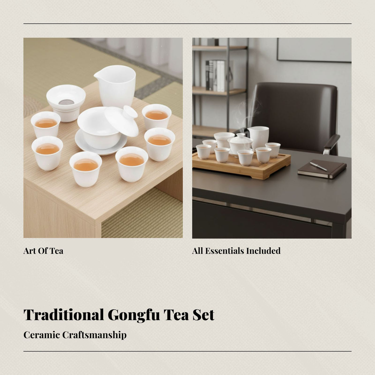 Verdant Porcelain Tea Set, Cream Ceramic Gaiwan, Tea Tray, Home Office, Gift Box Packaging