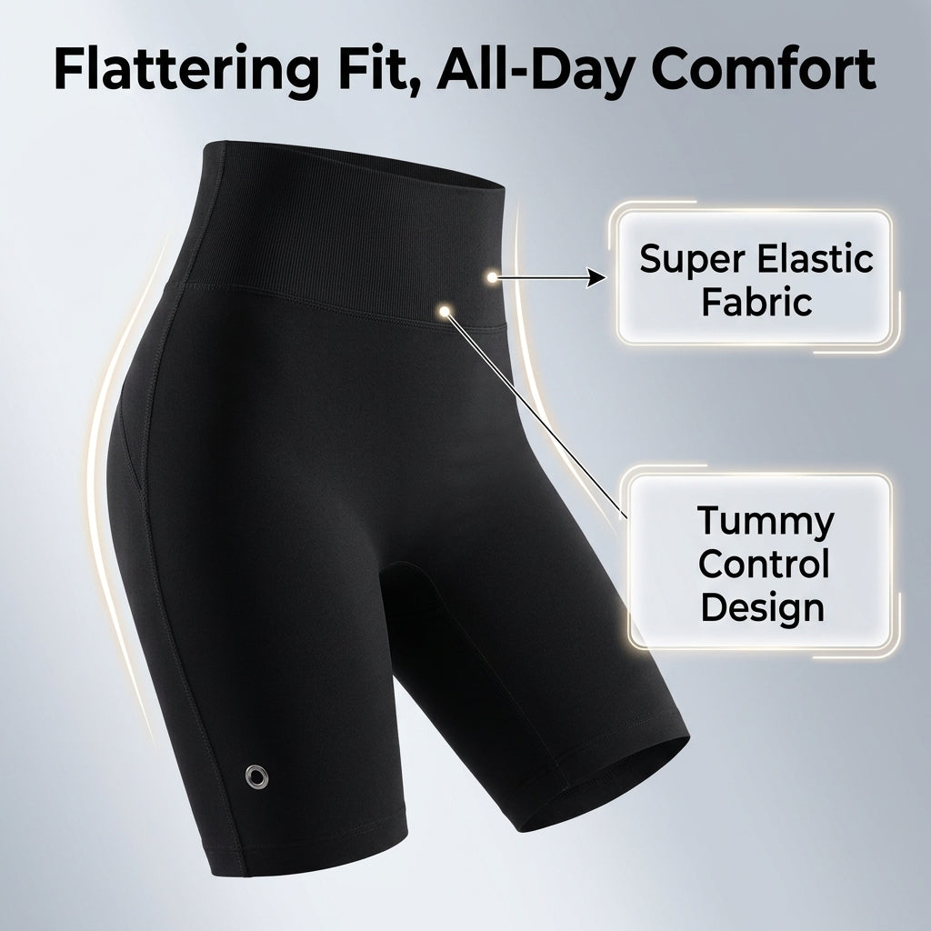 Elastic High Waist Cycling Shorts for Women with Compression for Gym and Running, Lightweight Nylon Biker