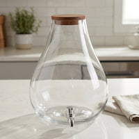 Water Dispenser and Juice Dispenser with Wood Lid, Pear-Shaped Drink Dispenser with Tap for Home Bar, Modern Minimalist Style Clear Glass Carafe