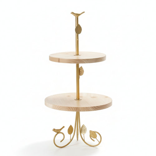 Two-Tier Dessert Stand Gold-Tone Cupcake Holder Stand Wooden Shelves Rustic for Home Cooks, Cafes