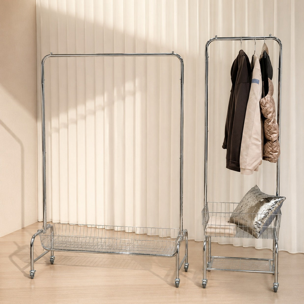 Movable Stainless Steel Clothing Display Rack with Double Rods for Store or Live Streaming