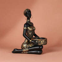 Black Woman Statue Storage Ornament Tabletop Display Tribal-Influenced Candle Holder Gilded Detail Ethnic Lady Ornament for Entryway