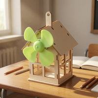 Natural Wood Solar Powered Wooden House Model Green Fan Wooden Model House Kit Pitched Roof Learning Toy Accessible Window Cutouts