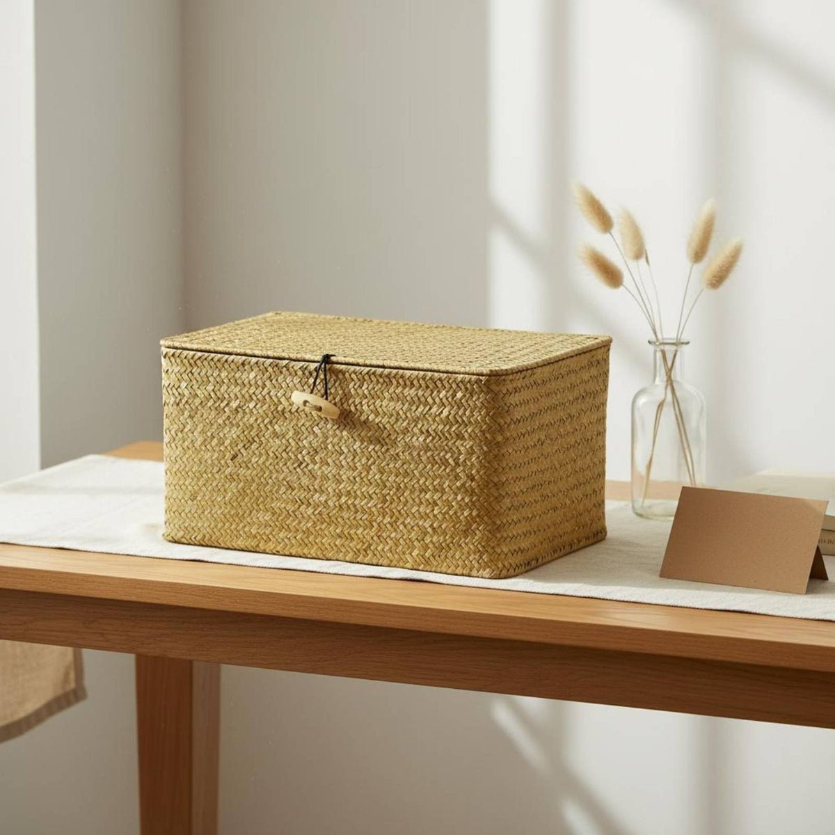 Textile Lined Storage Box Handwoven Lidded Storage Basket Tidy Organization Removable Liner Basket