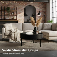 Nordic Design Round Table with Rotating Top Modern Minimalist Design Convertible Top Coffee Table Space-Saving Living Room Furniture Hidden Storage for Small Apartment Dwellers, Homeowners, Young Adults, Lounge Area, Bedroom