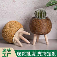 室内仿藤编花架三角支架花盆桌面创意多肉收纳容器办公室草编盆