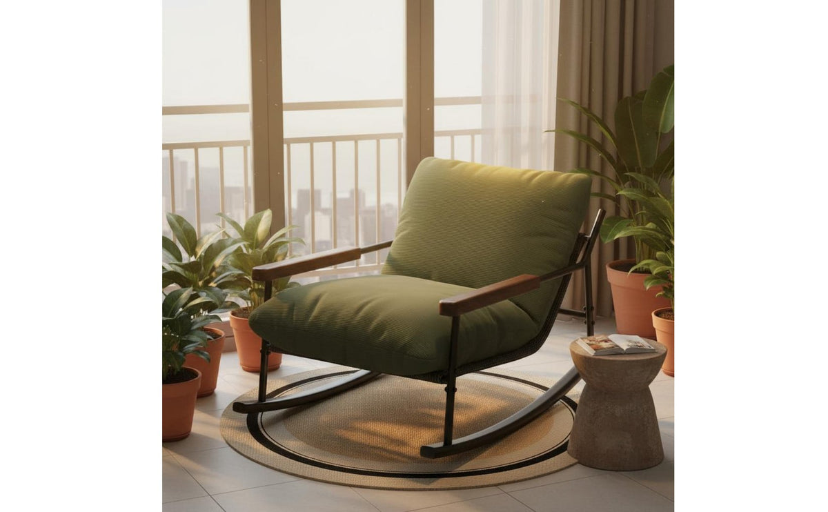 Wide Seat Cushioned Lounge Rocker Ergonomic Design Modern Rocking Chair Year-Round Use Metal Frame Rocking Chair Luxurious Cushion for Adults, Balcony, Living Room, Bedroom