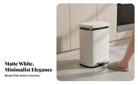 Hands-No-Touch Operation Foot Pedal Trash Can Minimalist Design Soft Close Garbage Bin Removable Inner Container Matte White Wastebasket Sturdy Construction for Homeowners, Apartment Dwellers, Office Workers, Living Room, Bathroom, Bedroom, Tight Areas