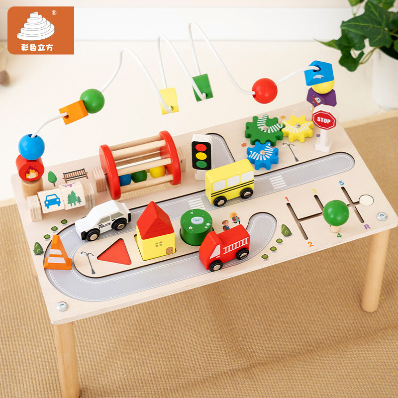 Montessori Wooden Busy Board with Bead Maze and Activity Table for Toddlers