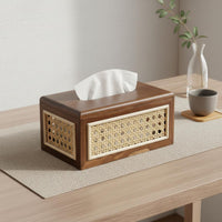 Wooden Rattan Tissue Box Decorative Japanese Design Napkin Holder Wide Opening