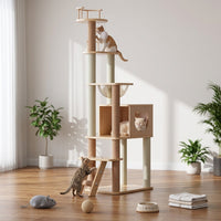 Cat Activity Center with Wooden House and Perch, 5-Level Multi Level Climbing Tree with Hammock and Space Capsule for Large Indoor Cats