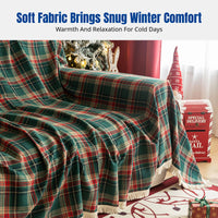 Christmas Sofa Cover, Classic Vintage Plaid Throw, Non-Slip Full Cover with Tassels, Holiday Decor