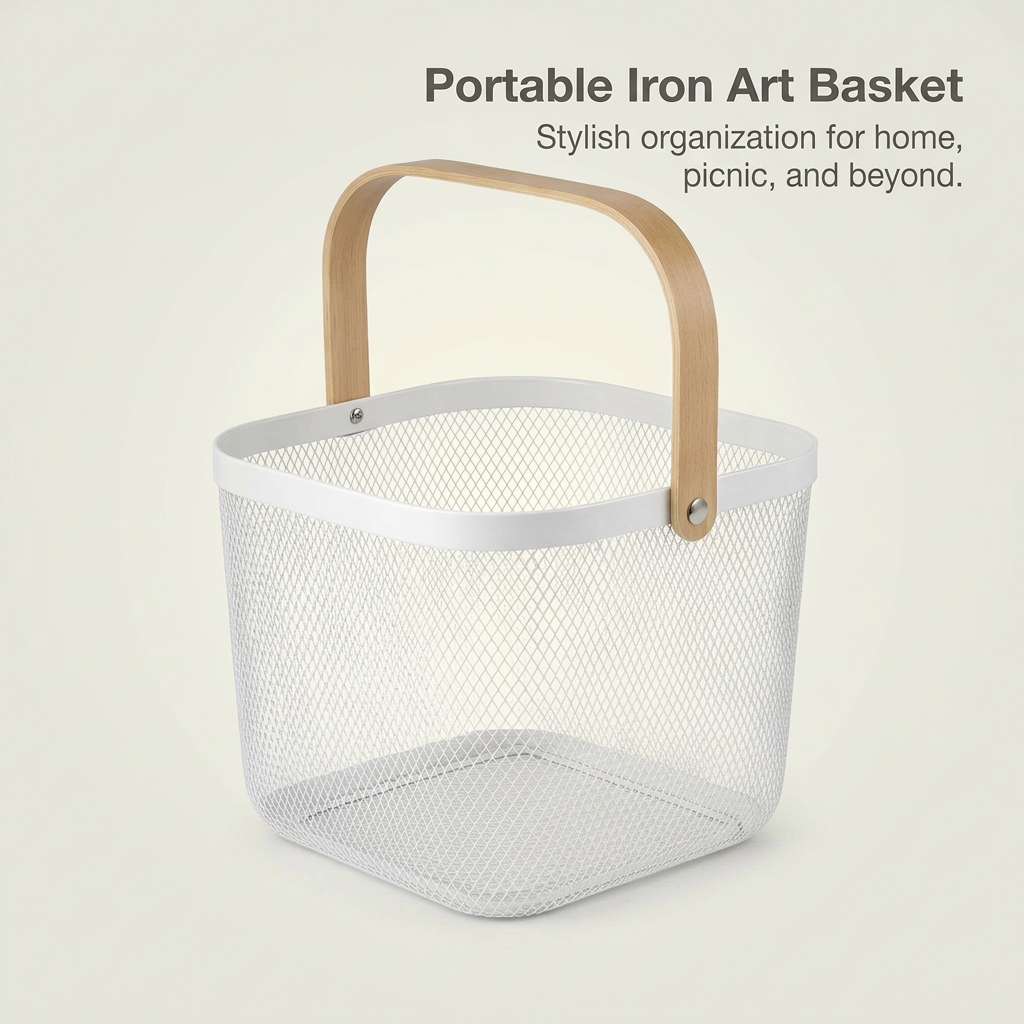 Mesh Wire Metal Storage Basket Wooden Handle, Metal Storage Basket with Handles, Modern Home Storage Basket Wooden Handles