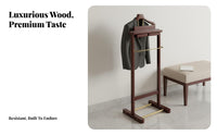 Solid Wood Construction Wooden Valet Stand Elegant Design Suit Valet Stand Stable Structure Unrestricted Standing Suit Rack Multi-Functional Storage for Business Professionals, Adults, Hotel Suite, Dressing Room, Office, Walk-in Closet