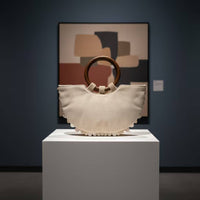 Woven Bag with Wooden Handle Textured Handmade Purse Semi-Circular Handbag Beaded Shell Embellished Bag Artisanal for Women