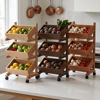 Solid Wood Multi-layer Storage Rack with Wheels for Kitchen, Living Room, and Balcony