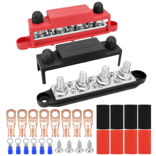 2 Pieces 48V DC 4-Way Bus Bar Positive and Negative 250A Bus Bar High Current 4 Stud Junction Block Heavy Duty for RV, Solar Panel, Automotive