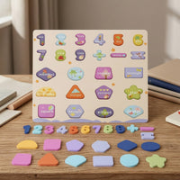 Number Puzzle Board with Blocks Educational Wooden Shape Puzzle Shape Blocks Natural Wood Non for Toddlers, Playroom