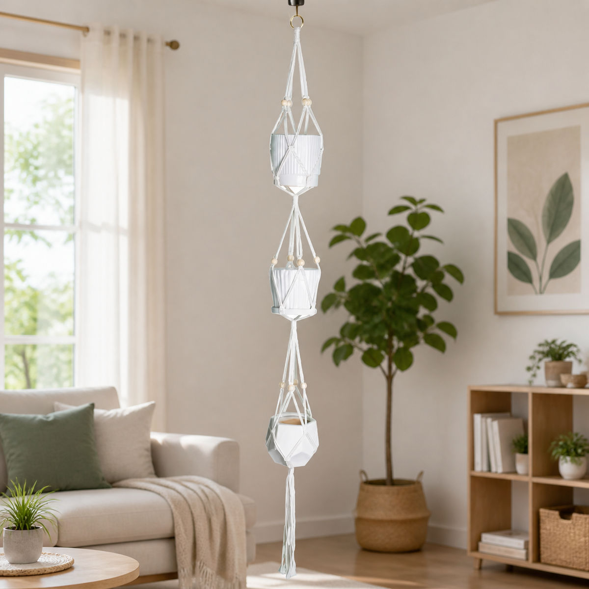 Macrame Hanging Planter, Hand-Woven Cotton Rope Plant Hanger, Bohemian Hanging Basket for Indoor Outdoor
