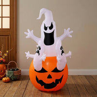 Lighted Ghost with Pumpkin Base Outdoor Ghost with Pumpkin Cute Halloween Inflatable Inflate for Homeowners, Families, Lawn, Porch, Trick-or-Treat